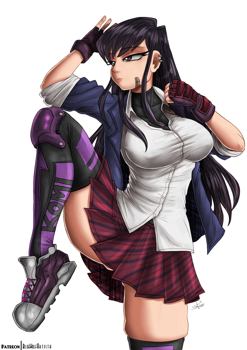 absurdres bad_source black_eyes bluewolfartista breasts highres komi-san_wa_komyushou_desu komi_shouko large_breasts long_hair muay_thai school_uniform self_upload thick_thighs thighs