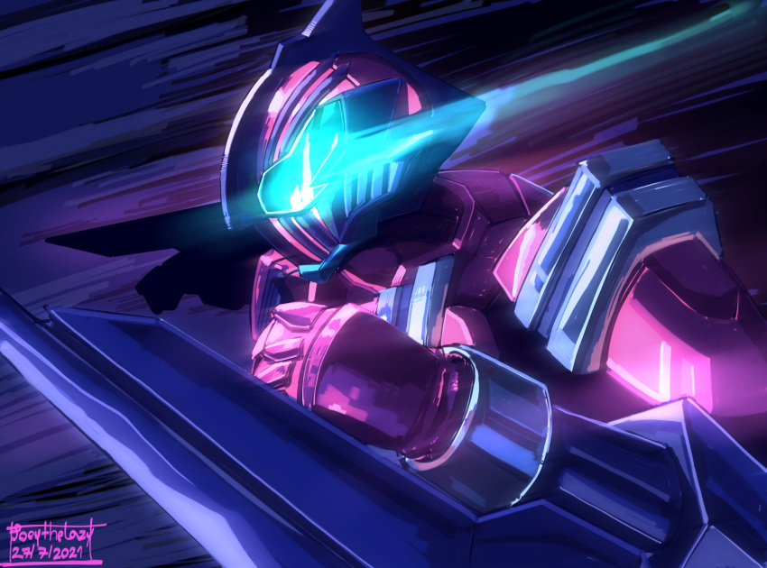 1boy 2021 arm_blade artist_name barcode blue_eyes clenched_hand dated dorsal_fin fins gloves glowing glowing_eyes highres joey_the_lazy kamen_rider kamen_rider_revi kamen_rider_revice male_focus megalodon megalodon_genome pink_armor pink_gloves profile shark shark_fin signature solo tokusatsu weapon