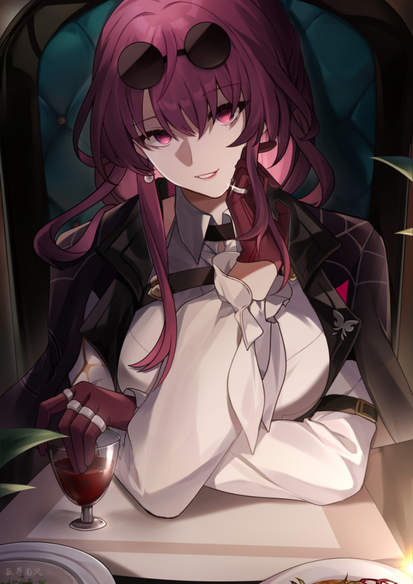 1girl absurdres bangs breasts coat cup drinking_glass eyebrows_behind_hair eyebrows_visible_through_hair formal gloves guzangnanfeng hair_between_eyes highres honkai:_star_rail honkai_(series) jewelry kafka_(honkai:_star_rail) long_hair looking_at_viewer necktie official_art open_mouth red_eyes red_gloves redhead restaurant ring smile solo suit table upper_body wine_glass