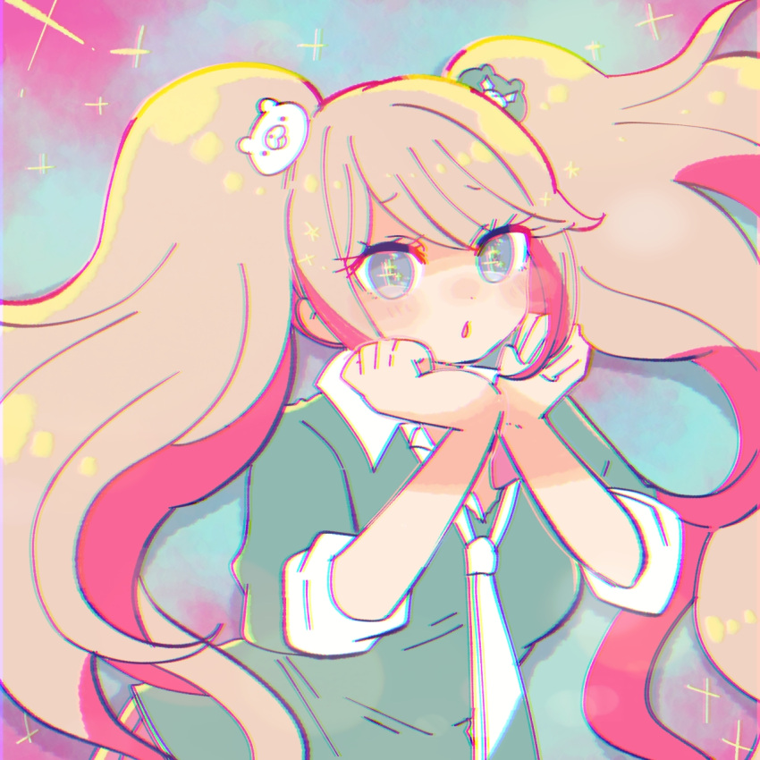 1girl bangs bear_hair_ornament begging blue_background breasts commentary_request danganronpa:_trigger_happy_havoc danganronpa_(series) enoshima_junko gradient gradient_background grey_eyes grey_shirt hair_ornament hands_on_own_cheeks hands_on_own_face highres long_hair looking_at_viewer medium_breasts necktie pink_background pink_hair shirt sidelocks solo sparkle sparkling_eyes swept_bangs twintails tyokamaru white_necktie