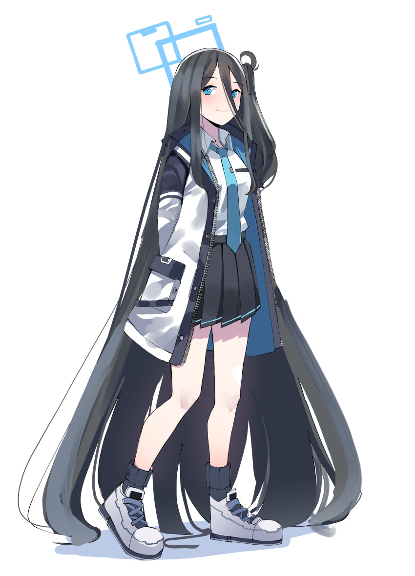 1girl absurdres arisu_(blue_archive) arms_behind_back bangs black_hair black_legwear black_skirt blue_archive blue_eyes blue_necktie blush closed_mouth collared_shirt commentary_request eyebrows_visible_through_hair gar32 hair_between_eyes halo highres indonesian_commentary jacket long_hair looking_at_viewer necktie one_side_up open_clothes open_jacket parted_bangs pleated_skirt shadow shirt shoes simple_background skirt smile socks solo very_long_hair white_background white_footwear white_jacket white_shirt