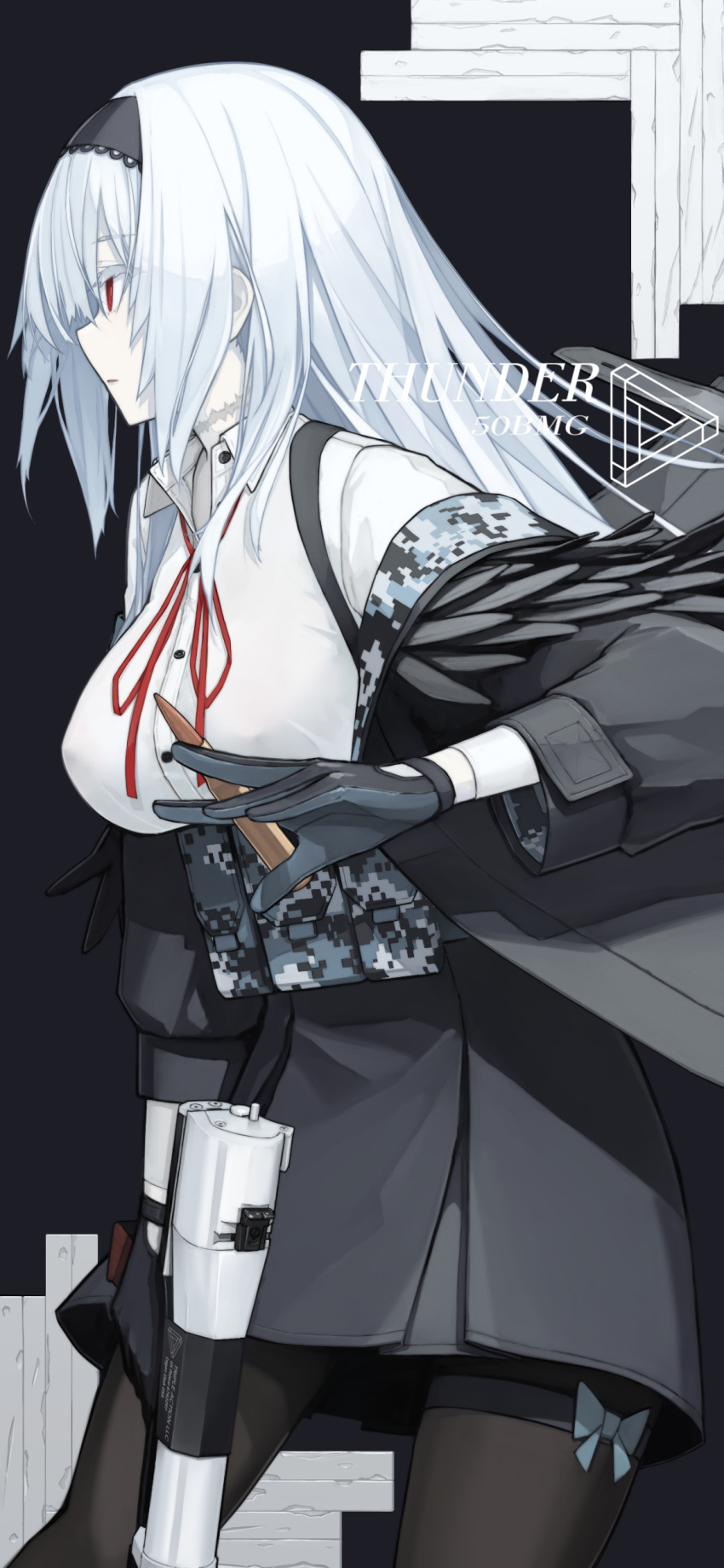 1girl absurdres bangs banned_artist belt black_gloves black_jacket black_legwear black_skirt breasts bullet buttons character_name collared_shirt cowboy_shot girls_frontline gloves gun hairband handgun highres holding holding_gun holding_weapon jacket long_hair long_sleeves looking_afar medium_breasts mikoto_(oi_plus) neck_ribbon off_shoulder open_clothes open_jacket pantyhose parted_bangs parted_lips pistol red_eyes red_ribbon ribbon shirt skirt solo thigh_strap thunder_(girls'_frontline) utility_belt weapon white_hair