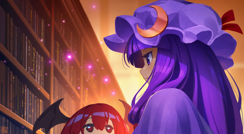 2girls bangs blunt_bangs blurry blurry_background bookshelf closed_mouth commentary_request crescent crescent_hat_ornament double_bun expressionless foreshortening hair_bun hat hat_ornament hat_ribbon head_wings highres indoors koakuma library light_particles long_hair mob_cap multiple_girls ogata_tank patchouli_knowledge peeking_out portrait profile purple_hair purple_headwear red_eyes red_ribbon redhead ribbon touhou violet_eyes voile