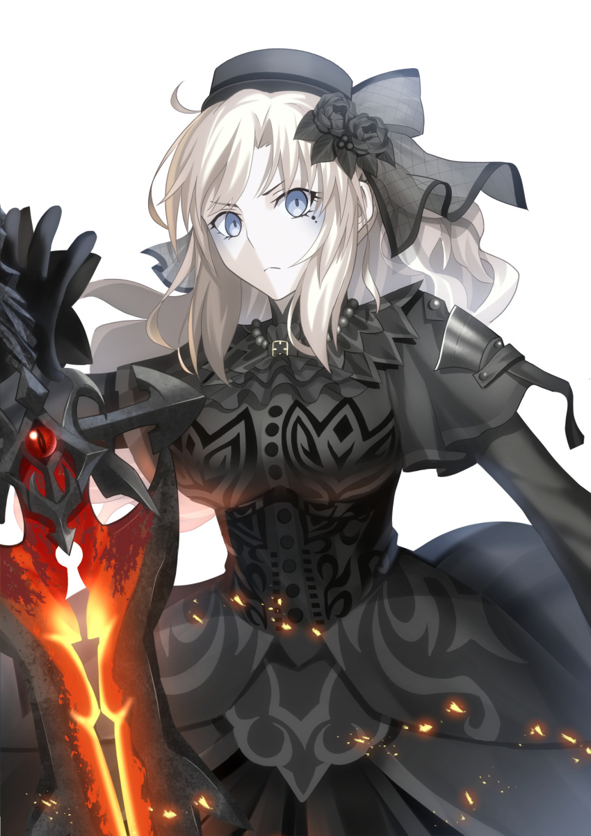1girl black_dress black_flower black_gloves black_headwear black_rose blue_eyes breasts closed_mouth commentary_request dress eyebrows_visible_through_hair fate/grand_order fate_(series) flower gloves hair_flower hair_ornament hat highres holding holding_sword holding_weapon kriemhild_(fate) large_breasts long_sleeves looking_at_viewer mishiro_(ixtlolton) mole mole_under_eye pale_skin rose simple_background solo sword veil wavy_hair weapon white_background white_hair