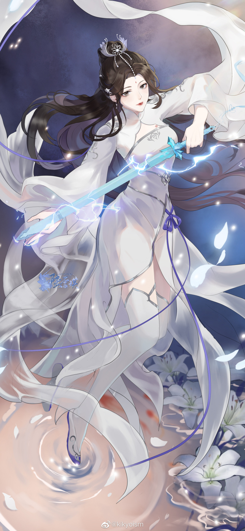 1girl absurdres black_hair boots clothing_cutout dress falling_petals full_body hair_ornament highres kikyoism lightning long_hair lu_xueqi_(zhu_xian) petals ripples solo sword thigh_boots water weapon white_dress zhu_xian