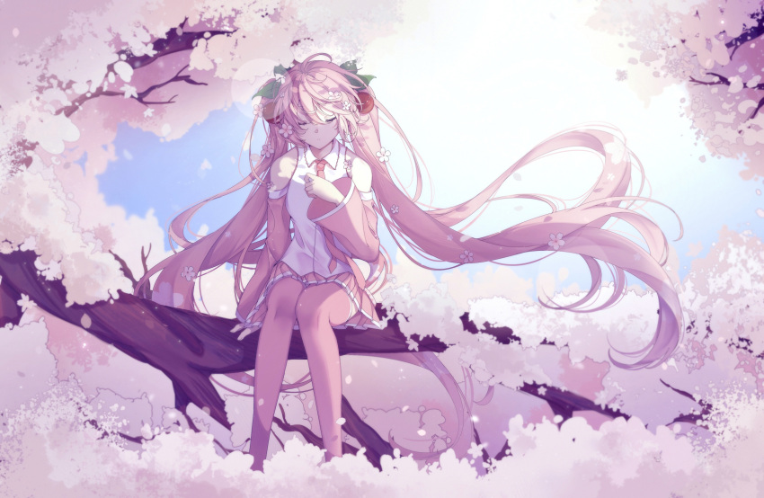 1girl absurdly_long_hair absurdres bangs boots cherry_blossoms cherry_hair_ornament closed_eyes closed_mouth collared_shirt detached_sleeves dress_shirt floating_hair flower food-themed_hair_ornament hair_between_eyes hair_flower hair_ornament hatsune_miku highres in_tree kanvien long_hair long_sleeves miniskirt necktie pink_footwear pink_hair pink_necktie pink_skirt pink_sleeves pleated_skirt sakura_miku shirt sitting sitting_in_tree skirt sleeveless sleeveless_shirt solo thigh_boots tree twintails very_long_hair vocaloid white_flower white_shirt wing_collar zettai_ryouiki