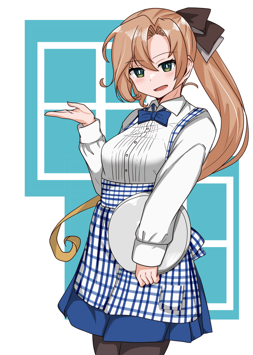 1girl absurdres akigumo_(kancolle) apron black_legwear blue_apron blue_bow blue_bowtie blue_skirt blush bow bowtie bread breasts brown_hair checkered_apron cowboy_shot employee_uniform eyebrows_visible_through_hair food gingham gingham_apron green_eyes hair_between_eyes hair_ribbon high-waist_skirt highres kantai_collection kobeya kobeya_uniform long_hair medium_breasts mole mole_under_eye open_mouth pantyhose plaid plaid_apron pleated_shirt ponytail ribbon shirt skirt solo tokiwa_senkei tray uniform waitress white_background white_shirt