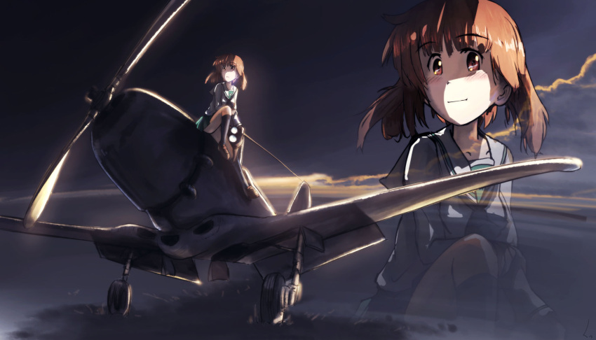 1girl :o aircraft airplane bangs black_legwear black_neckerchief blouse brown_eyes brown_footwear brown_hair closed_mouth clouds cloudy_sky commentary_request day eyebrows_visible_through_hair girls_und_panzer green_skirt hat hat_removed headwear_removed highres holding holding_clothes holding_hat horizon knee_up loafers long_sleeves looking_at_viewer miniskirt neckerchief nishizumi_miho ooarai_school_uniform outdoors partial_commentary pleated_skirt sailor_collar school_uniform serafuku shirt shoes short_hair skirt sky smile socks solo torise_kai twilight vehicle_request white_sailor_collar white_shirt zoom_layer
