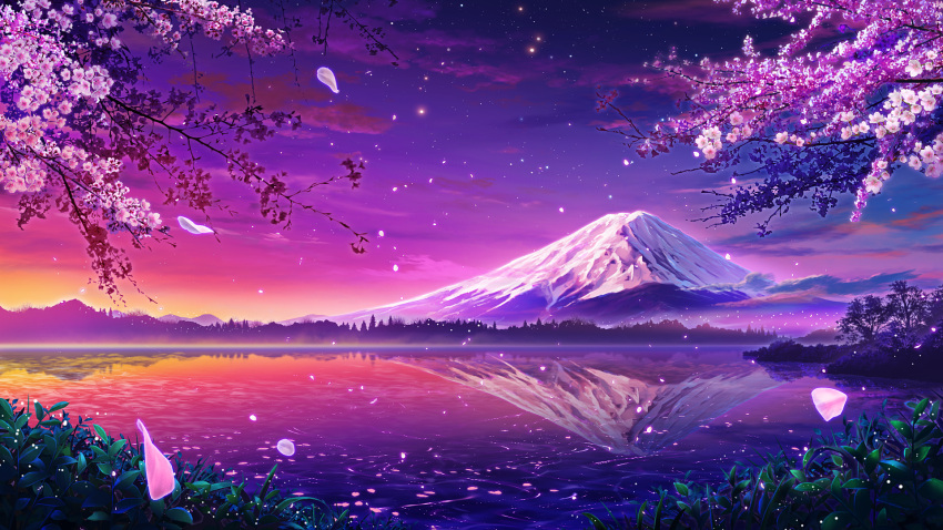 branch cherry_blossoms clouds colorful gradient_sky highres lake landscape monorisu mount_fuji mountain mountainous_horizon nature no_humans original outdoors petals pink_sky purple_sky reflection reflective_water ripples scenery sky sunset tree water