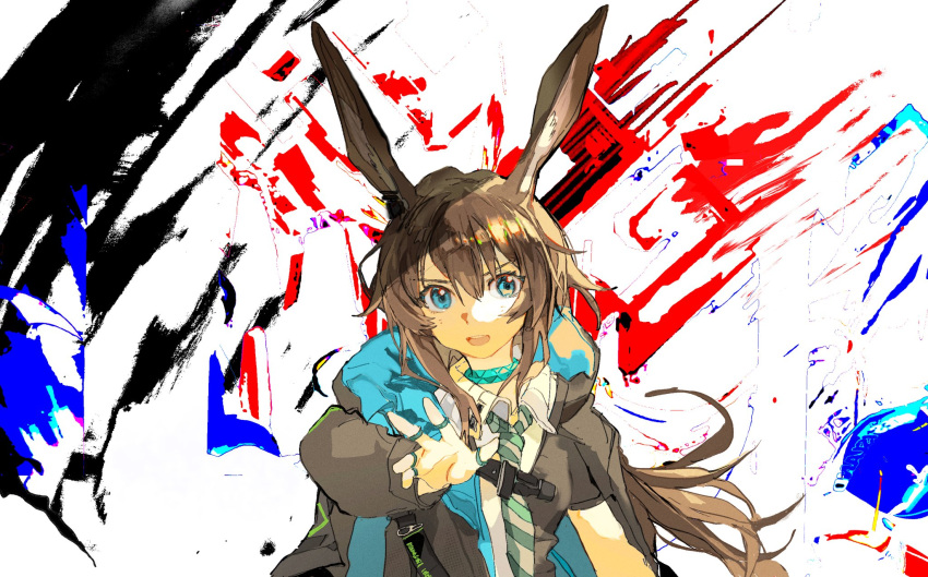 1girl :d amiya_(arknights) animal_ear_fluff animal_ears arknights bangs black_jacket brown_hair cloudyooooo collared_shirt commentary_request diagonal-striped_necktie eyebrows_visible_through_hair hair_between_eyes highres hood hood_down hooded_jacket jacket long_hair long_sleeves looking_at_viewer open_clothes open_jacket puffy_long_sleeves puffy_sleeves rabbit_ears shirt smile solo teeth upper_body upper_teeth very_long_hair white_background white_shirt