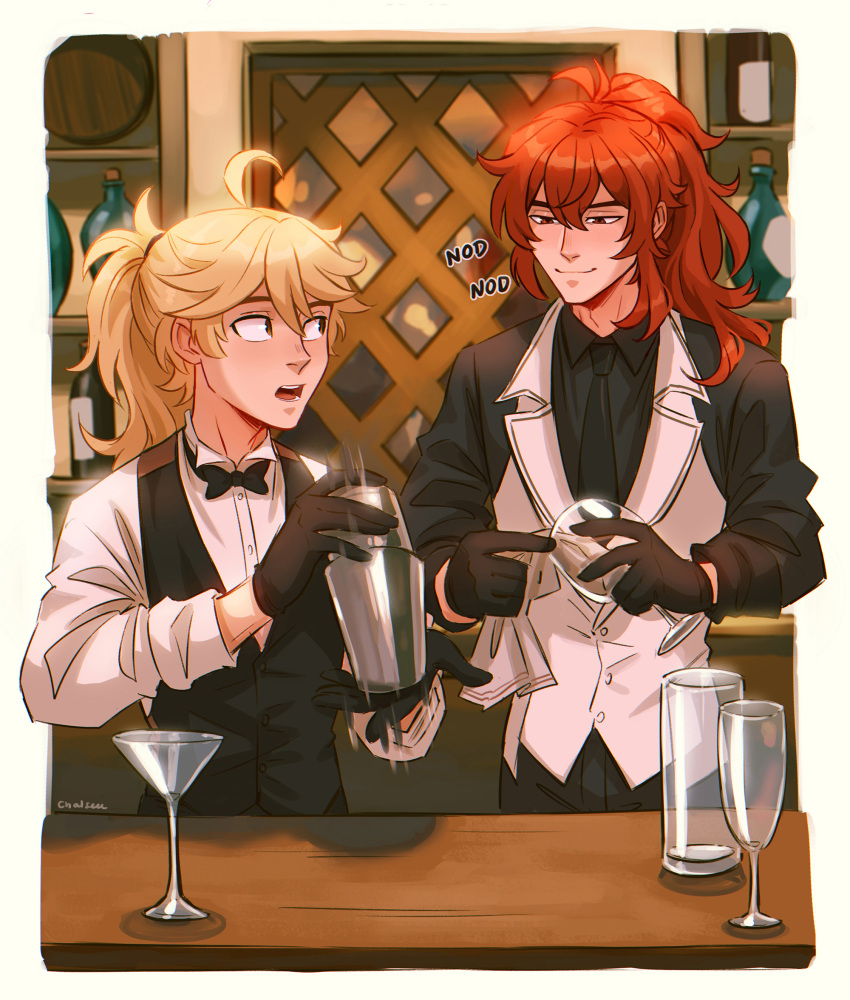 2boys aether_(genshin_impact) ahoge alcohol alternate_costume bar bartender black_bow black_bowtie black_gloves black_necktie black_shirt black_vest blonde_hair bottle bow bowtie chalseu cocktail_glass cocktail_shaker cup diluc_(genshin_impact) drinking_glass genshin_impact gloves high_ponytail highres indoors long_hair long_sleeves looking_at_another male_focus multiple_boys necktie official_alternate_hairstyle open_mouth red_eyes redhead shaking shirt smile vest white_vest wine_bottle yellow_eyes