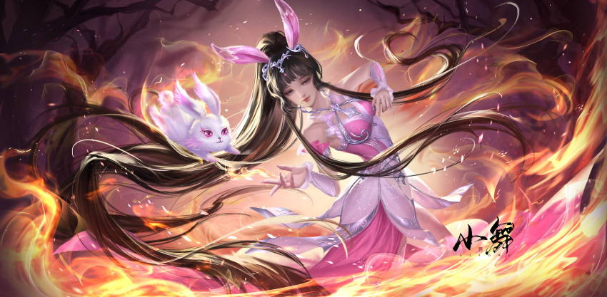 1girl absurdres animal_ears bare_tree brown_hair closed_mouth douluo_dalu douluo_dalu_xiaowu_zhuye dress fire hair_ornament highres looking_down pink_dress ponytail rabbit rabbit_ears smile tree upper_body xiao_wu xiao_wu_(douluo_dalu)