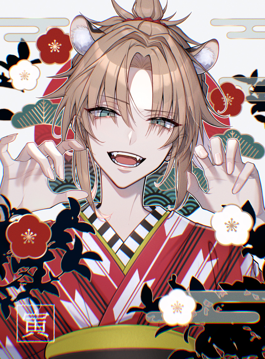 1girl absurdres animal_ear_fluff animal_ears bambi-25 bangs blonde_hair claw_pose eyebrows_visible_through_hair eyes_visible_through_hair fangs fate/apocrypha fate_(series) floral_print green_eyes hair_ornament hair_scrunchie hands_up highres japanese_clothes kimono long_hair looking_at_viewer mordred_(fate) mordred_(fate/apocrypha) open_mouth ponytail red_kimono red_scrunchie scrunchie smile solo tiger_ears tongue translated upper_body white_background white_kimono