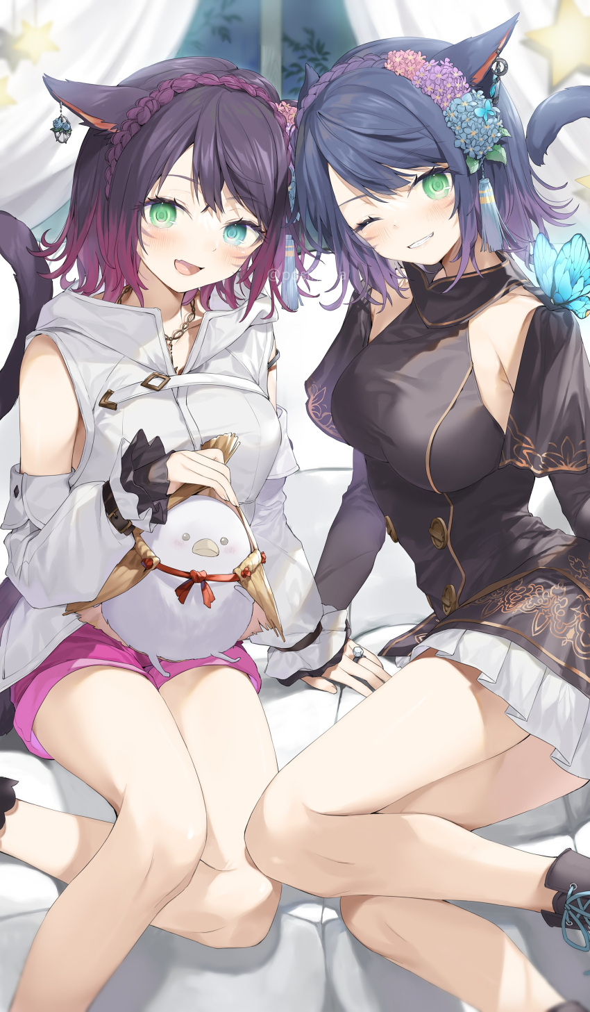2girls absurdres animal_ears avatar_(ff14) bangs black_hair blush bug butterfly cat_ears cat_tail detached_sleeves earrings facial_mark final_fantasy final_fantasy_xiv green_eyes highres jewelry looking_at_viewer miqo'te multicolored_hair multiple_girls necklace one_eye_closed open_mouth parted_bangs pleated_skirt ring short_hair shorts sitting skirt smile tail two-tone_hair whisker_markings yana_mori