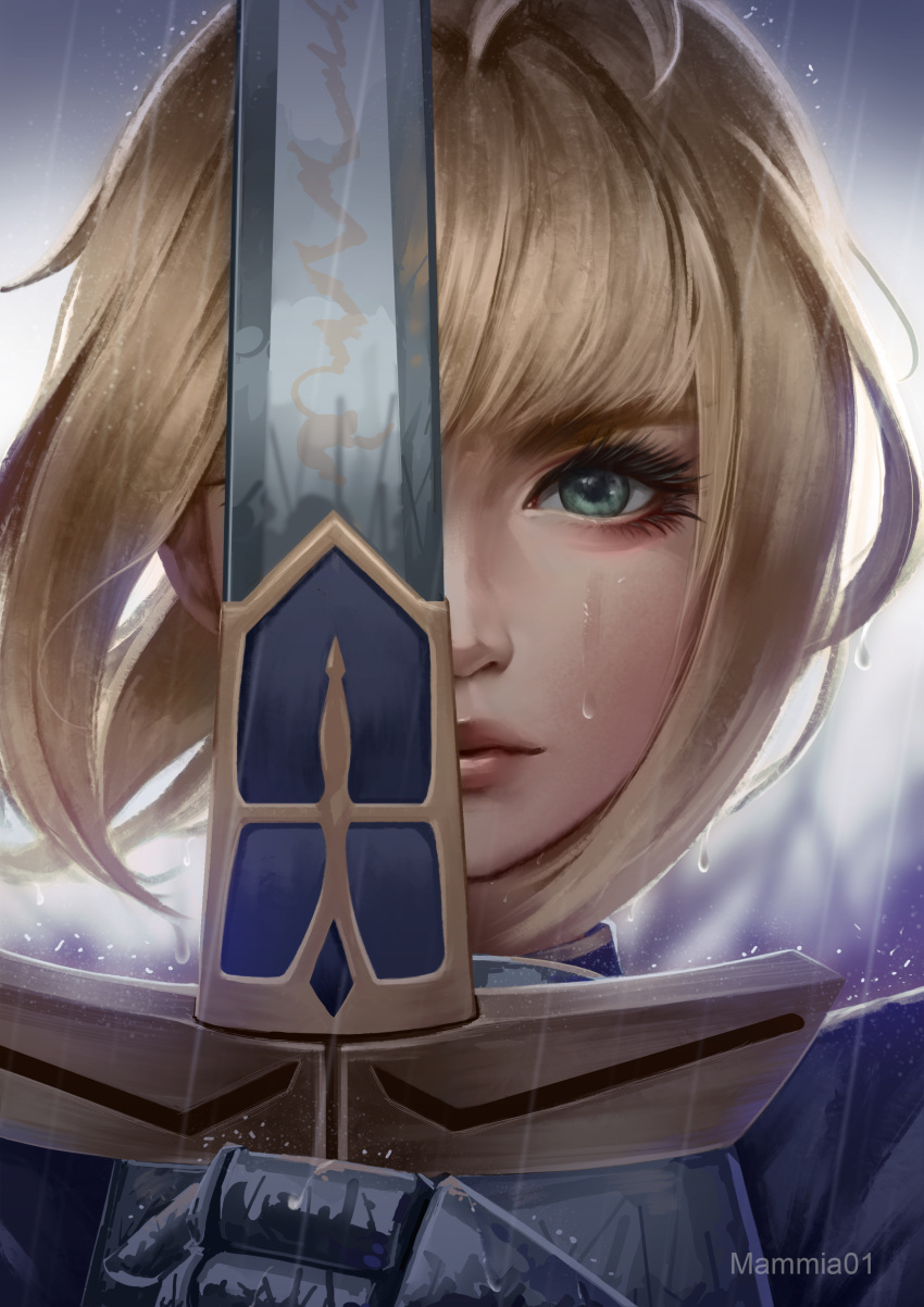 1girl absurdres artist_name artoria_pendragon_(fate) blonde_hair closed_mouth excalibur_(fate/stay_night) eyelashes fate/stay_night fate_(series) gauntlets green_eyes highres holding holding_sword holding_weapon looking_at_viewer outdoors portrait rain saber sengnam1997 short_hair solo sword weapon