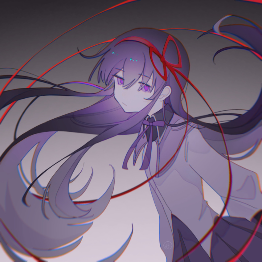 1girl akemi_homura chinese_commentary chromatic_aberration closed_mouth commentary_request expressionless eyebrows_visible_through_hair gradient gradient_background hair_ribbon highres long_hair long_sleeves mahou_shoujo_madoka_magica moqing785 neck_ribbon pleated_skirt purple_hair purple_ribbon purple_skirt red_ribbon ribbon shirt skirt solo violet_eyes white_shirt