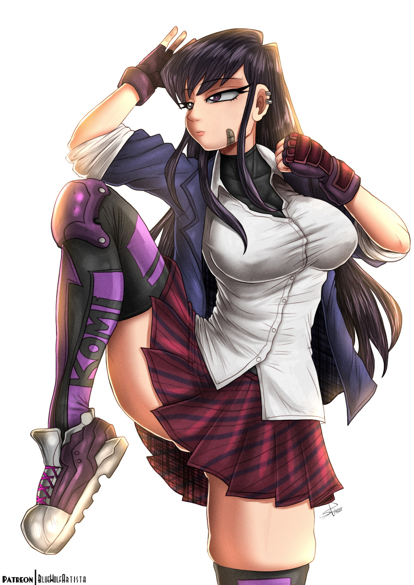 absurdres bad_source black_eyes bluewolfartista breasts highres komi-san_wa_komyushou_desu komi_shouko large_breasts long_hair muay_thai school_uniform self_upload thick_thighs thighs