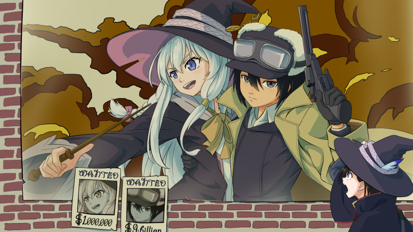 3girls black_eyes black_hair bow coat colt_1851_navy crossover elaina_(majo_no_tabitabi) fur_hat goggles gun hat hat_feather headwear_request highres holding holding_gun holding_wand holding_weapon hug kino_(kino_no_tabi) kino_no_tabi long_hair m_kyo majo_no_tabitabi multiple_girls poster_(object) reverse_trap revolver ribbon saya_(majo_no_tabitabi) short_hair trait_connection violet_eyes wand wanted weapon white_hair witch witch_hat