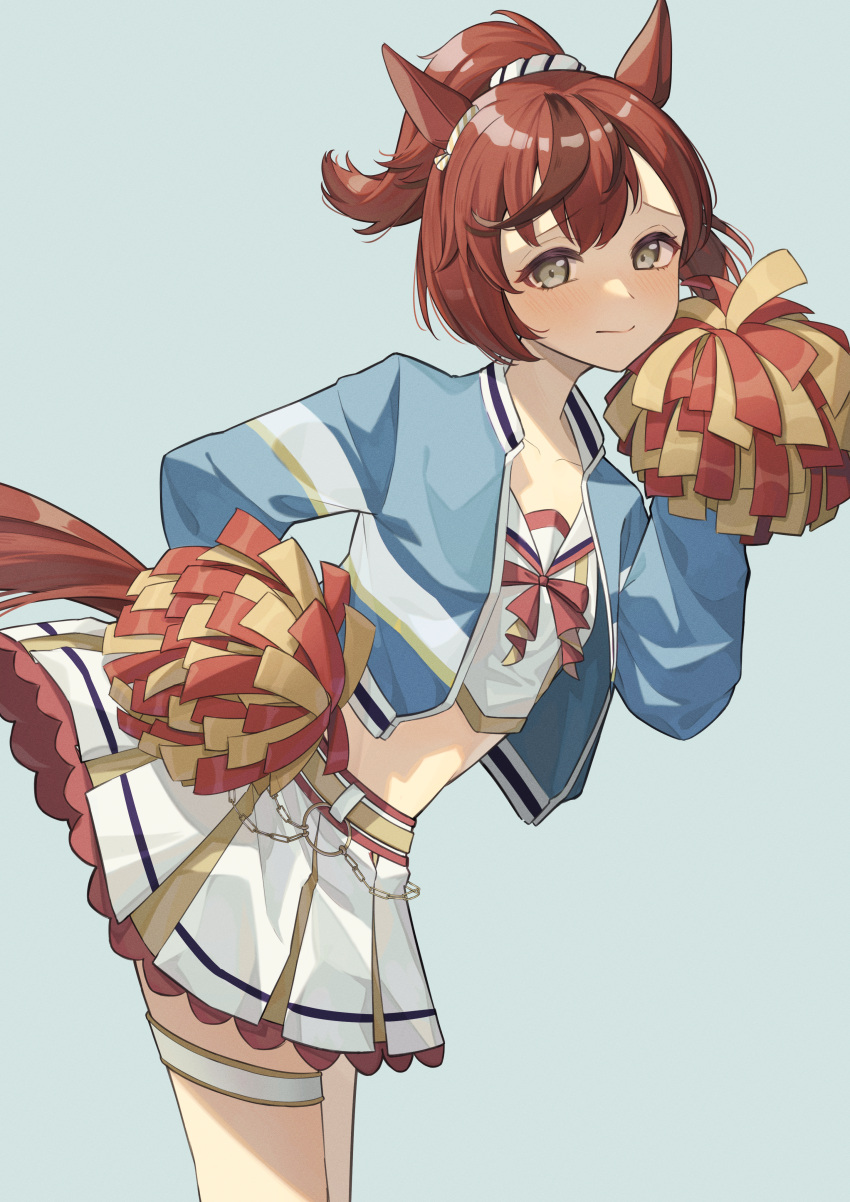 1girl absurdres animal_ears bangs belt blush brown_hair closed_mouth crop_top cropped_jacket feet_out_of_frame green_background grey_eyes highres holding holding_pom_poms horse_ears horse_girl horse_tail isana615 jacket long_sleeves looking_at_viewer looking_to_the_side midriff multicolored_hair nice_nature_(run&amp;win)_(umamusume) nice_nature_(umamusume) open_clothes open_jacket pom_pom_(cheerleading) ponytail sailor_collar short_hair simple_background solo streaked_hair tail thigh_strap umamusume