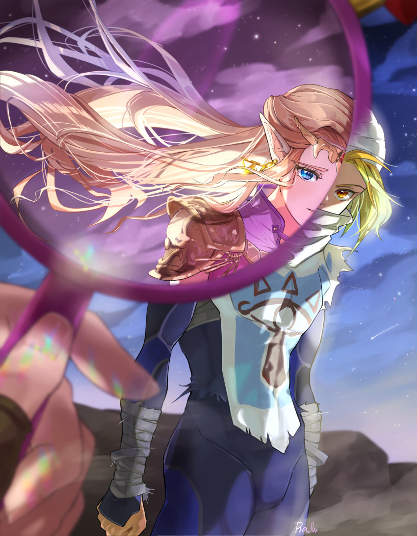 1girl absurdres androgynous bandages blonde_hair blue_eyes braid closed_mouth dark_skin dual_persona gloves hat highres link long_hair looking_at_viewer mask pointy_ears ponytail pra_11 princess_zelda red_eyes reverse_trap sheik short_hair smile surcoat the_legend_of_zelda the_legend_of_zelda:_ocarina_of_time
