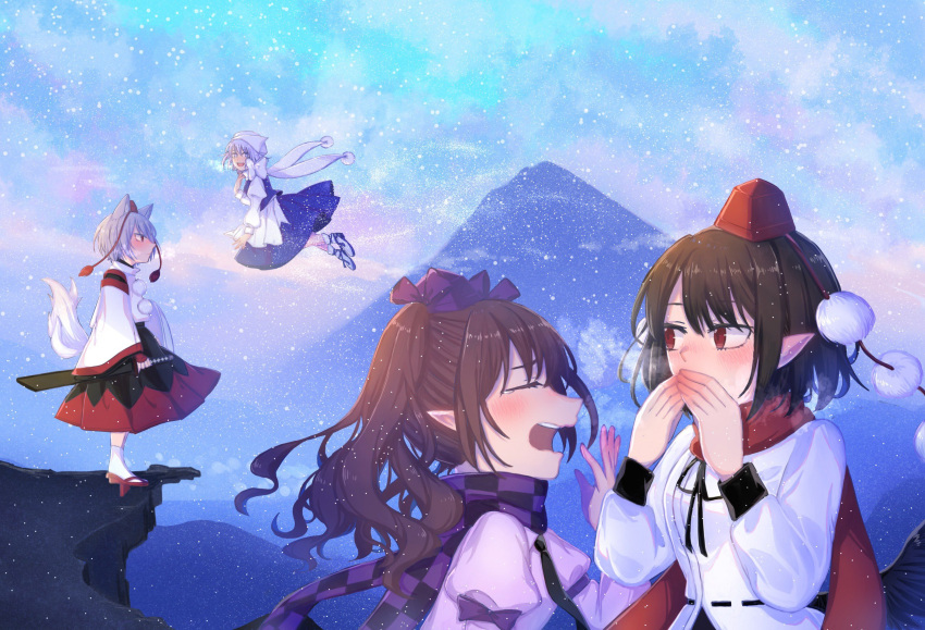 4girls animal_ears apron bangs black_hair black_scarf black_skirt blue_dress blue_sky brown_hair checkered_clothes checkered_scarf cliff closed_eyes clouds dress geta hat highres himekaidou_hatate holding holding_sword holding_weapon inubashiri_momiji letty_whiterock looking_at_another mountain multiple_girls open_mouth outdoors pointy_ears pom_pom_(clothes) purple_headwear purple_scarf red_eyes red_footwear red_headwear red_scarf red_skirt scabbard scarf shameimaru_aya sheath short_hair skirt sky standing sword tail tokin_hat toraneko_2 touhou twintails two-tone_scarf two-tone_shirt waist_apron weapon white_apron white_hair white_headwear white_legwear white_scarf winter wolf_ears wolf_tail