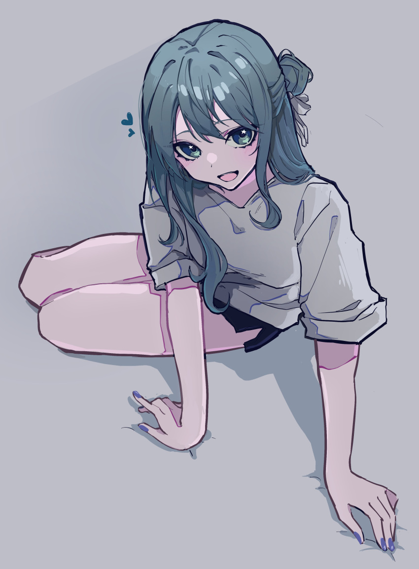 1girl :d absurdres blue_eyes blue_hair blue_nails casual dolphin_shorts hair_bun hair_ribbon heart highres hololive hoshimachi_suisei medium_hair mentally_deficient nail_polish ribbon shirt shorts simple_background sitting smile star_(symbol) star_in_eye symbol_in_eye t-shirt virtual_youtuber