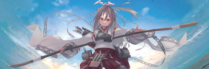 absurdres apron bow_(weapon) brown_eyes commentary_request fei_(feikotake) grey_hair hachimaki hakama hakama_shorts headband high_ponytail highres japanese_clothes kantai_collection long_hair muneate red_shorts shorts weapon zuihou_(kancolle)
