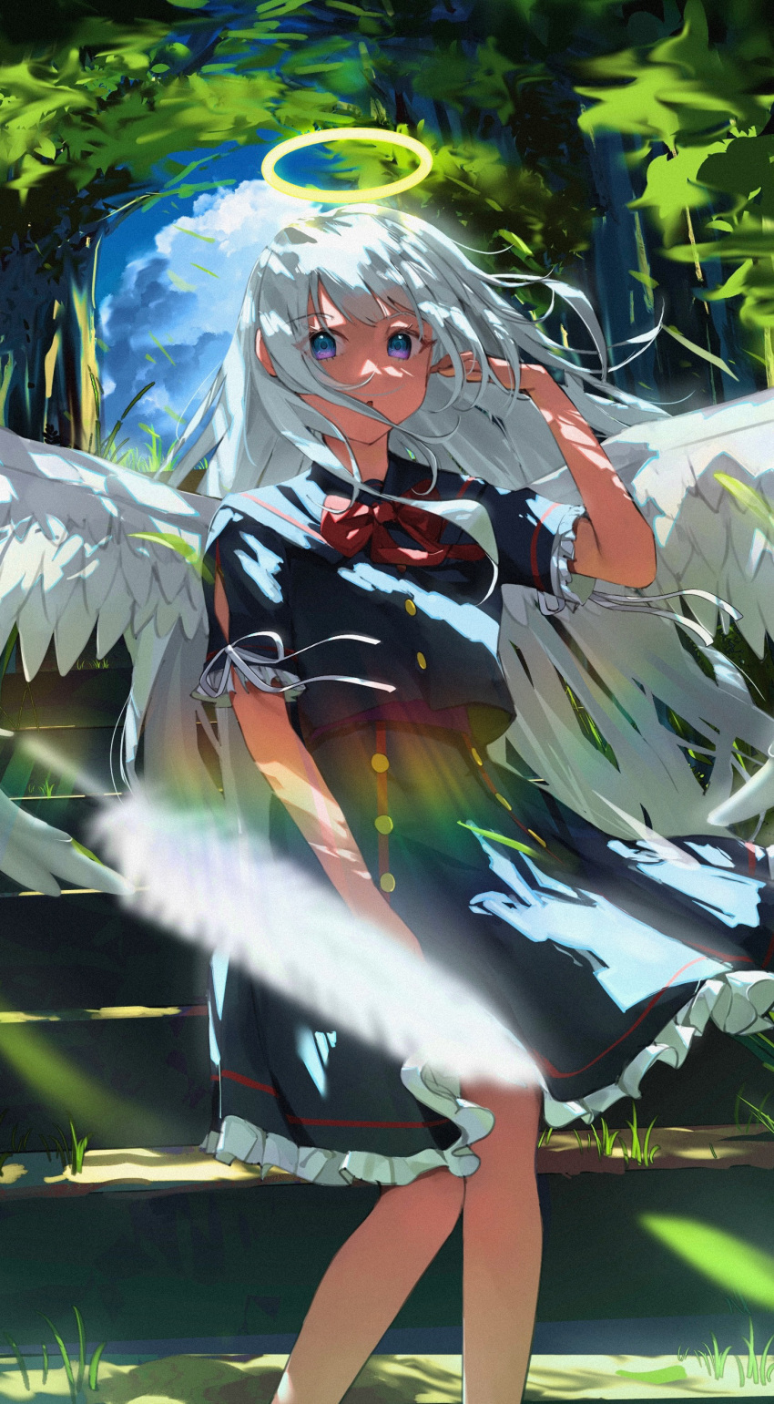 1girl :o absurdres angel_wings bangs black_sailor_collar black_serafuku black_shirt black_skirt blue_sky blurry blurry_foreground bow clouds commentary_request day depth_of_field eyebrows_visible_through_hair feathered_wings feathers feet_out_of_frame frilled_skirt frilled_sleeves frills grey_hair halo hand_up highres long_hair original outdoors parted_lips pleated_skirt red_bow sailor_collar school_uniform serafuku shirt short_sleeves skirt sky solo standing suzuharu_toufu very_long_hair violet_eyes white_feathers white_wings wings