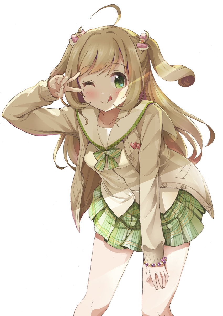 1girl ;q ahoge bare_legs blonde_hair blush brown_cardigan cardigan eyebrows_visible_through_hair green_eyes green_skirt highres idolmaster idolmaster_cinderella_girls leaning_forward long_hair looking_at_viewer lpfv_yuzu_mikan one_eye_closed sato_shin simple_background skirt smile solo tongue tongue_out two_side_up v white_background