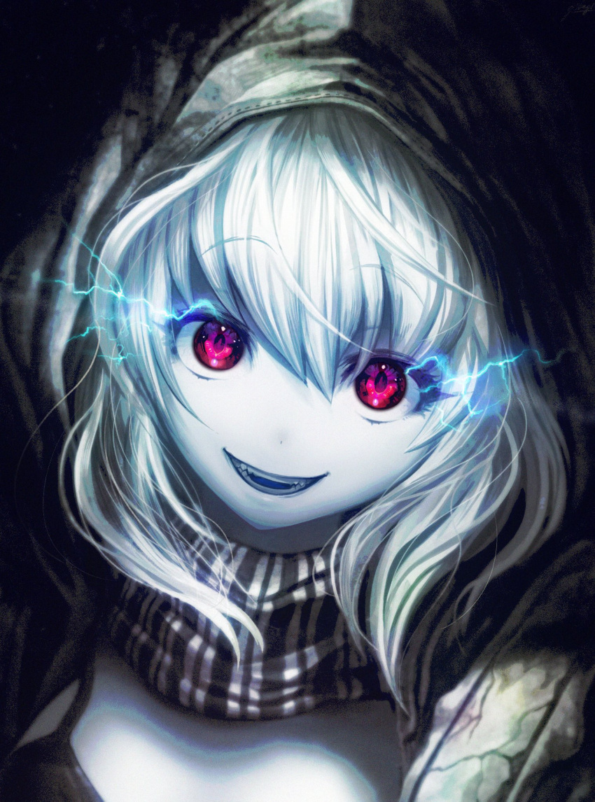 1girl abyssal_ship bikini black_bikini close-up electricity eye_focus eyebrows_visible_through_hair face gibagiba grin highres hood hoodie kantai_collection long_sleeves looking_at_viewer monster_girl pale_skin portrait re-class_battleship scarf short_hair smile solo swimsuit violet_eyes white_hair