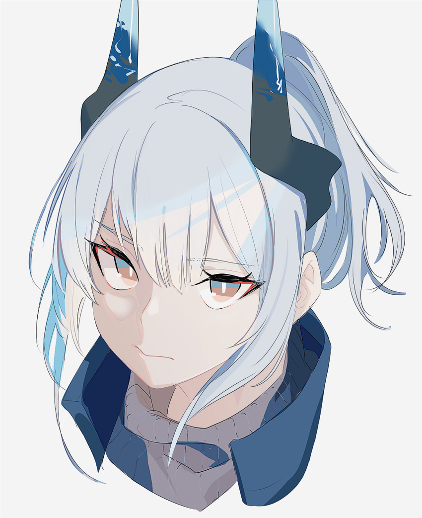 arknights brown_eyes closed_mouth cropped_shoulders grey_background grey_hair grey_sweater high_collar highres horns liskarm_(arknights) looking_at_viewer ponytail portrait ribbed_sweater simple_background sweater tetuw turtleneck turtleneck_sweater