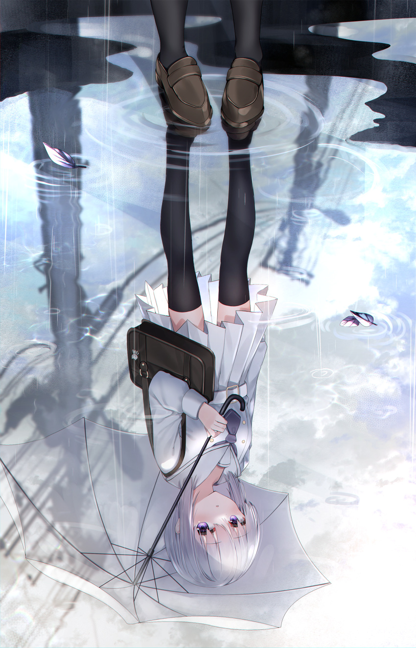 1girl absurdres bag black_legwear blush brown_footwear commentary_request day grey_hair highres holding holding_umbrella loafers looking_at_viewer neku_(neku_draw) original outdoors parted_lips pleated_skirt puddle rain reflection ripples sailor_collar school_bag school_uniform serafuku shirt shoes short_hair skirt solo standing thigh-highs umbrella violet_eyes water white_sailor_collar white_serafuku white_shirt white_skirt white_umbrella