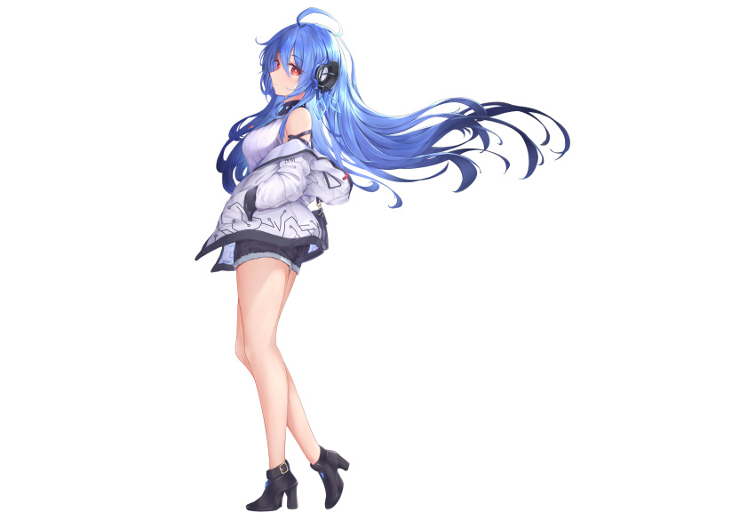 1girl absurdres alternate_costume azur_lane bare_legs bare_shoulders black_shorts blue_gemstone blue_hair casual cutoffs expressionless floating_hair from_side full_body gem hands_in_pockets headgear helena_(azur_lane) helena_(meta)_(azur_lane) high_heels highres hood hooded_jacket jacket jewelry kyl490 leg_up legs long_hair looking_at_viewer looking_to_the_side necklace off_shoulder red_eyes red_gemstone shirt short_shorts shorts sleeveless sleeveless_shirt solo striped striped_shirt thighs tiptoes transparent_background vertical-striped_shirt vertical_stripes very_long_hair walking white_jacket white_shirt