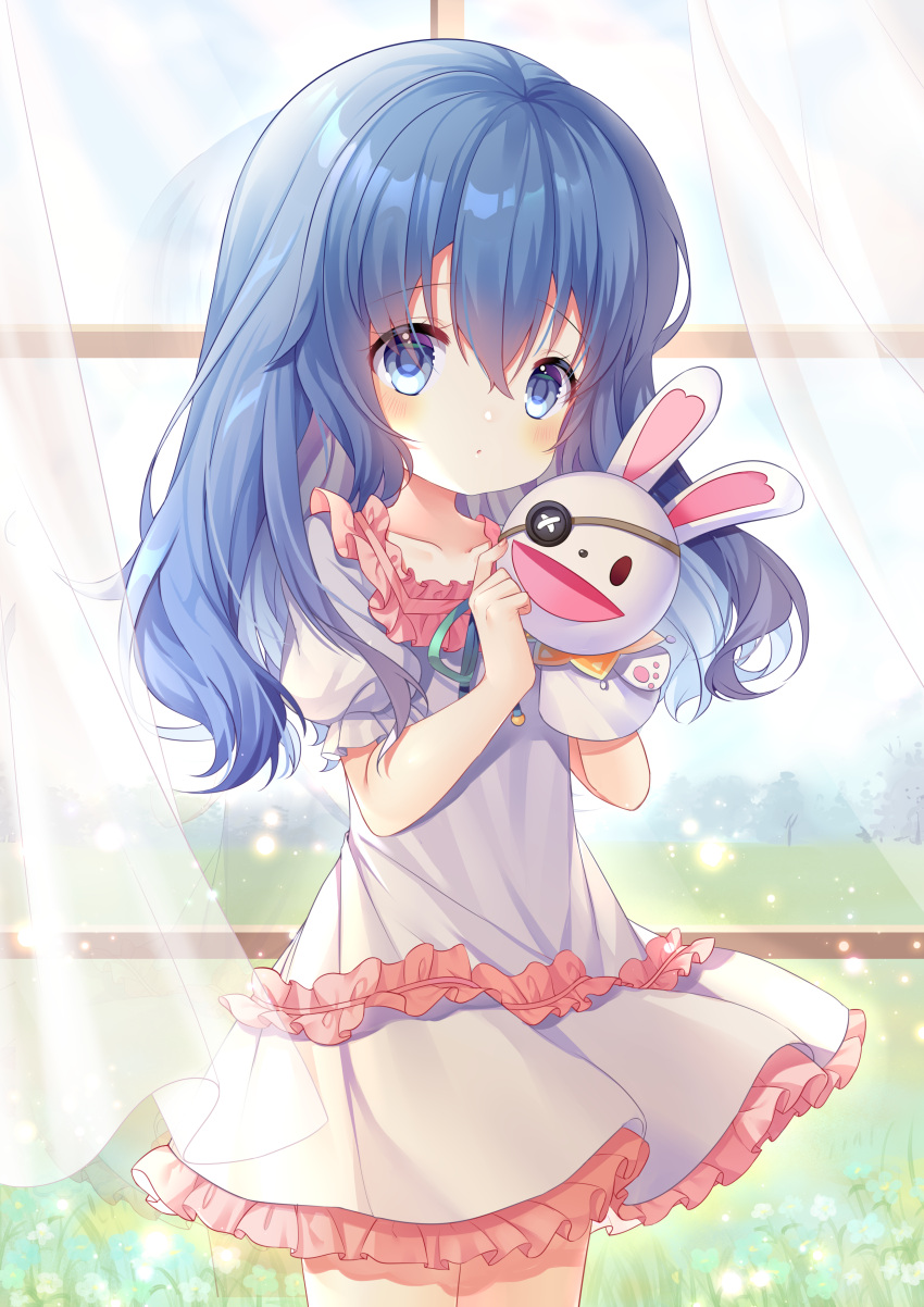 1girl absurdres blue_eyes blue_hair child curtains date_a_live dress eyepatch female_child hand_puppet highres itano_slime long_hair puppet short_dress short_sleeves solo white_dress wind window yoshino_(date_a_live) yoshinon