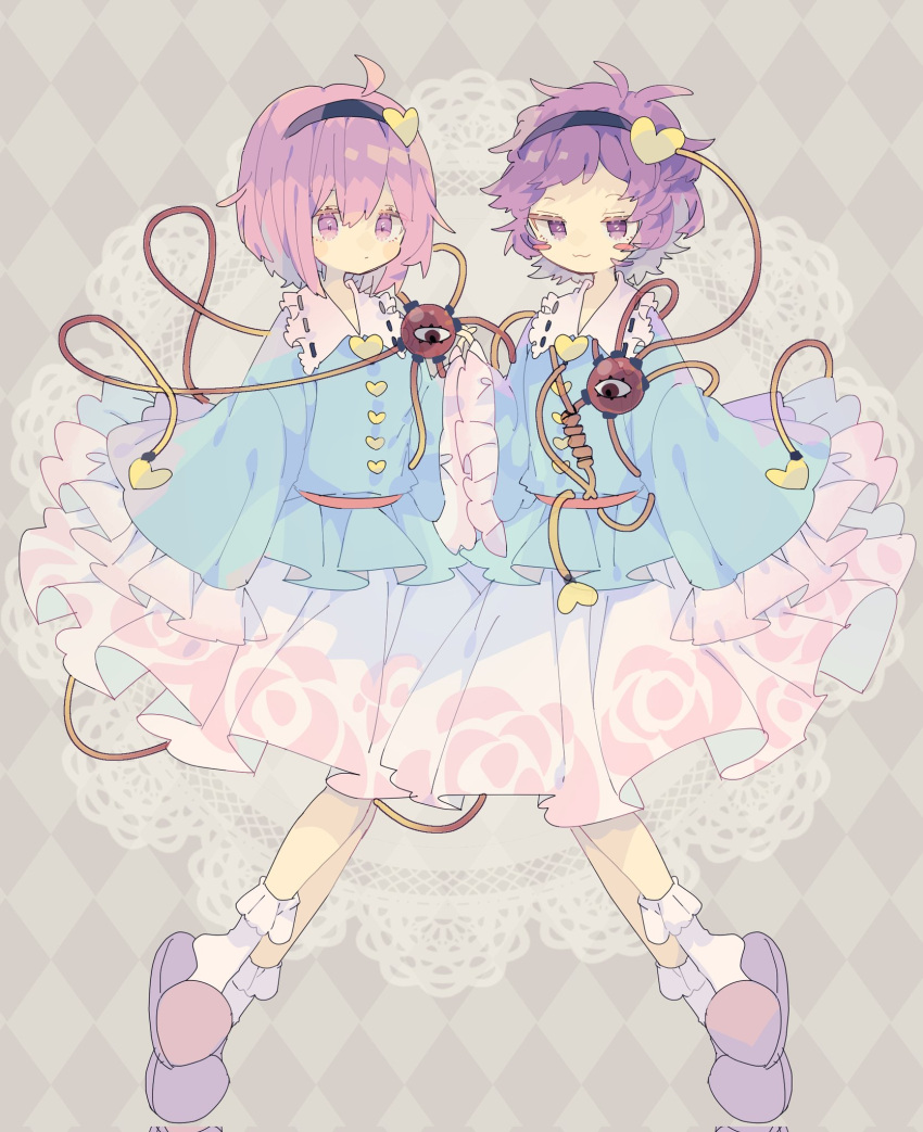 2girls :/ :3 ahoge argyle argyle_background black_hairband blouse blue_shirt blush blush_stickers buttons closed_mouth commentary dual_persona floral_print frilled_shirt_collar frilled_sleeves frills full_body hair_ornament hairband heart heart_button heart_hair_ornament highres holding_hands komeiji_satori long_sleeves looking_at_viewer messy_hair multiple_girls nikorashi-ka pink_eyes pink_footwear pink_hair pink_skirt purple_hair ribbon_trim rose_print shirt short_hair simple_background skirt slippers third_eye touhou violet_eyes wide_sleeves