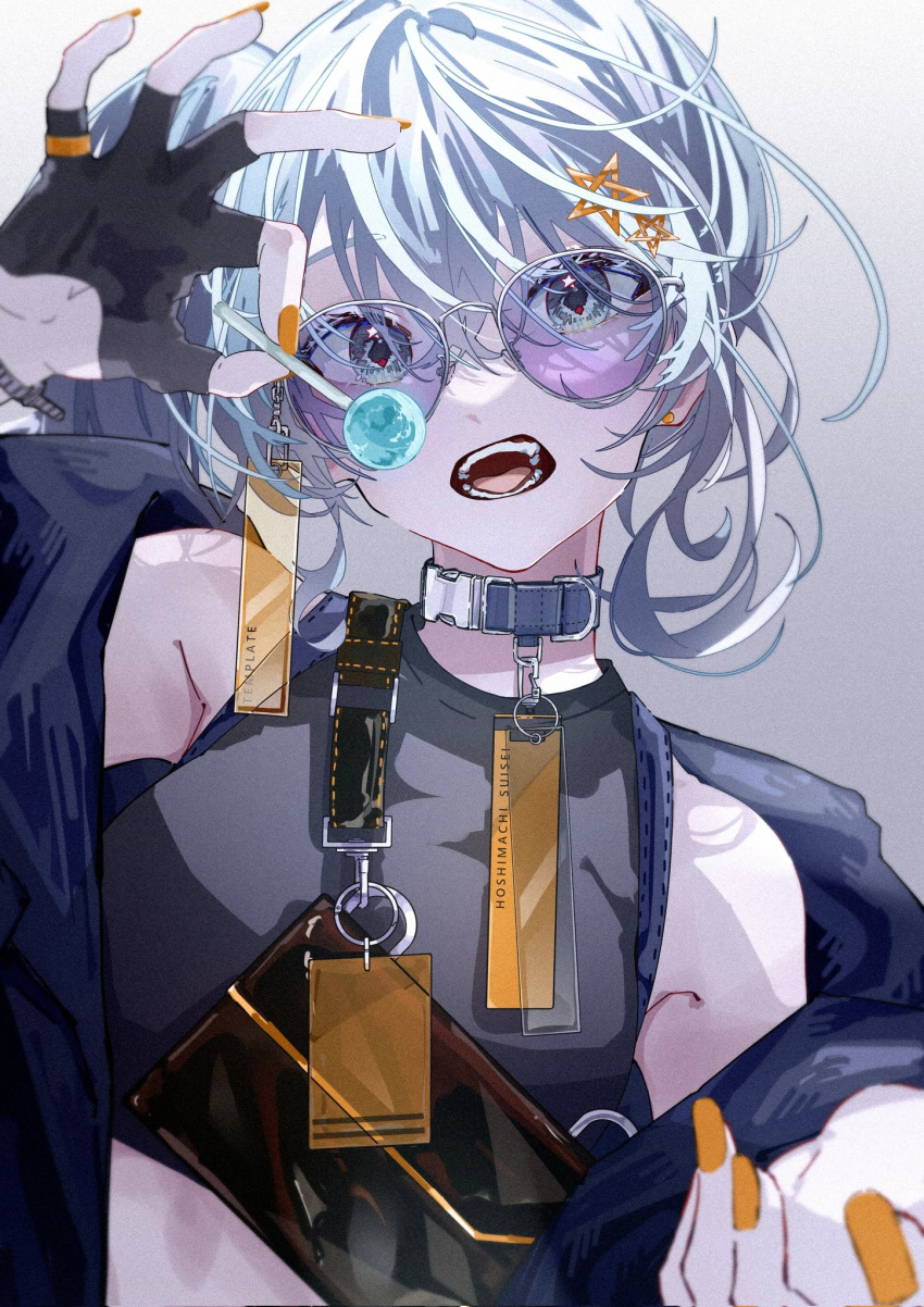 1girl arm_up armpit_crease bangs black_gloves black_shirt blue_eyes blue_hair blurry breasts candy character_name collar crop_top depth_of_field diamond-shaped_pupils diamond_(shape) fanny_pack fingerless_gloves food gloves gradient gradient_background hair_ornament half_gloves hand_up highres holding holding_candy holding_food holding_lollipop hololive hoshimachi_suisei lollipop long_hair looking_at_viewer mirai99 official_art open_mouth orange_nails reaching_out shirt side_ponytail sleeveless sleeveless_shirt small_breasts snap-fit_buckle solo star_(symbol) star_hair_ornament star_in_eye sunglasses symbol-shaped_pupils symbol_in_eye teeth tongue upper_body virtual_youtuber