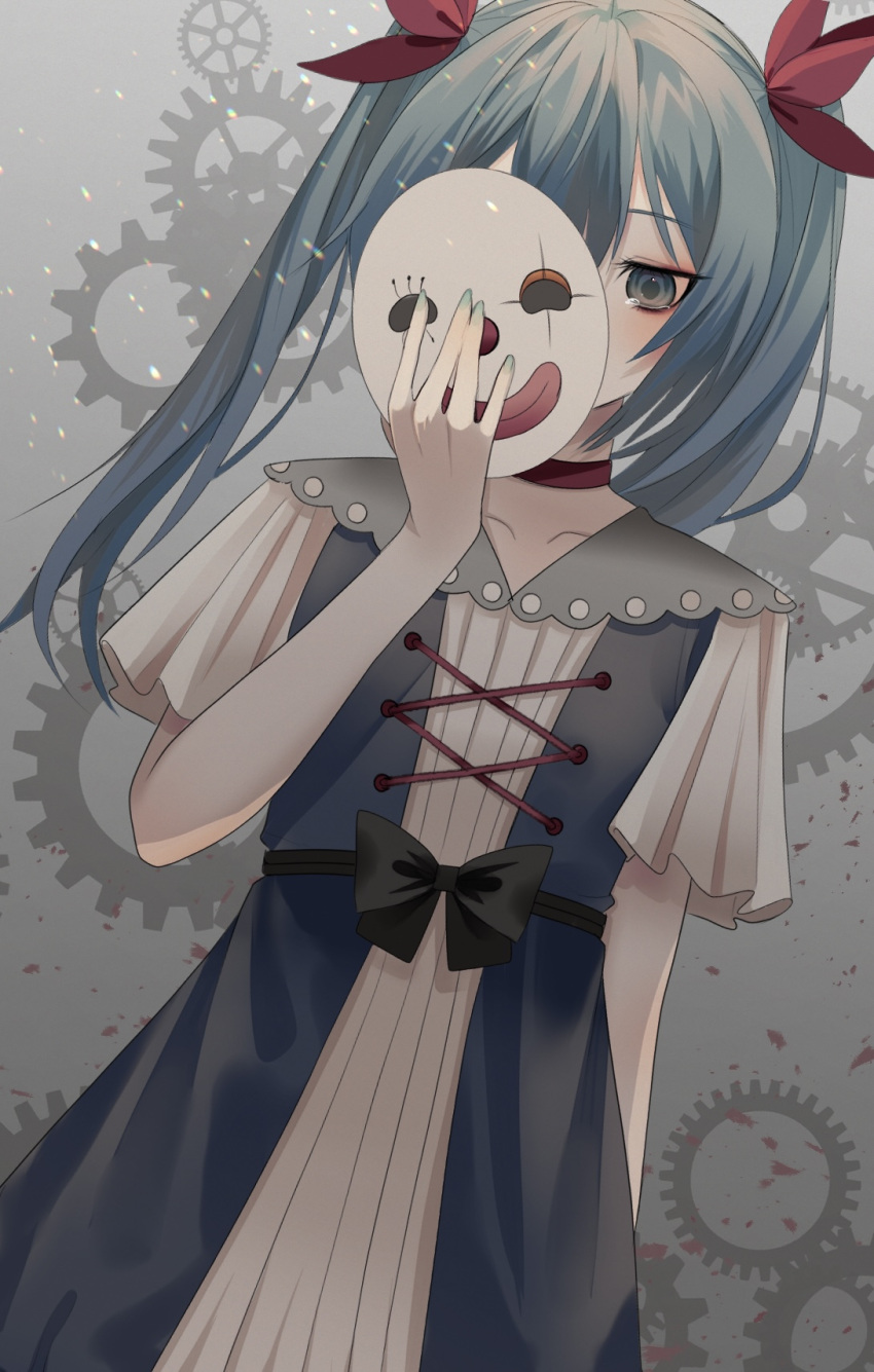 bangs blood blue_eyes blue_hair blush bow choker clown_mask covered_mouth cross-laced_clothes dress floating_hair gears hair_ornament hand_up hatsune_miku highres holding holding_mask karakuri_pierrot_(vocaloid) light_particles long_hair looking_down mask mask_over_one_eye nail_polish nonda. one_eye_covered short_sleeves tears twintails vocaloid waist_bow