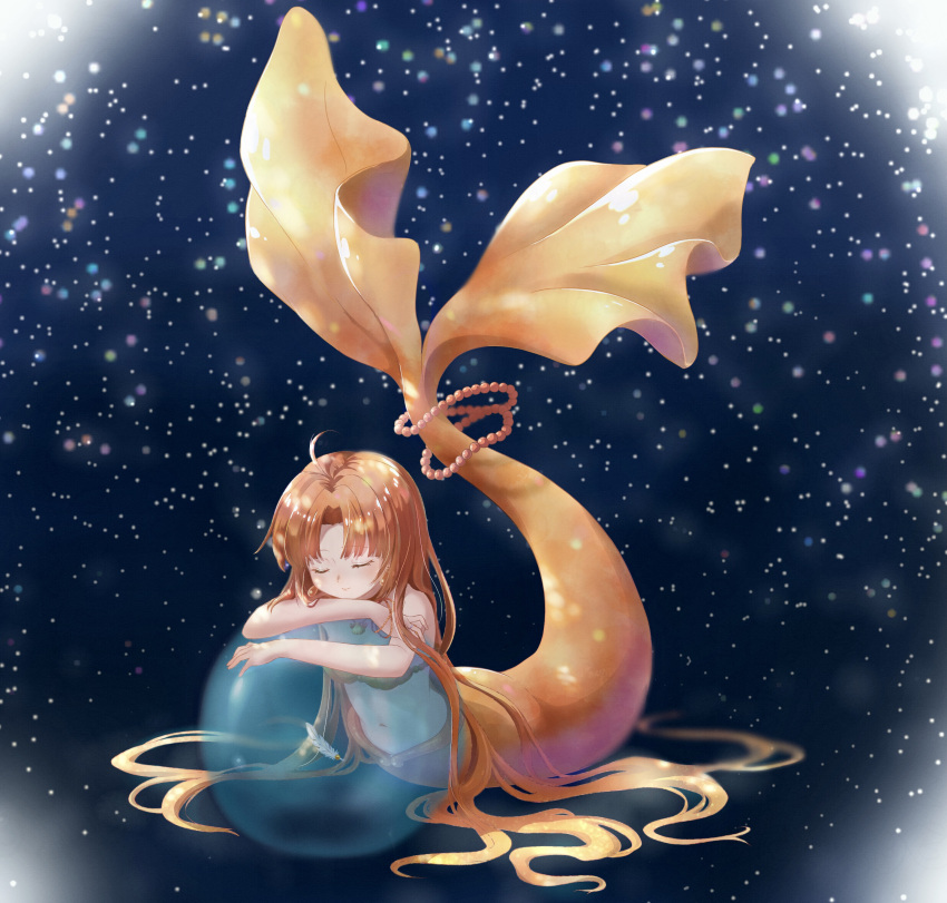 1girl absurdres bare_shoulders blush bra bracelet breasts bubble closed_eyes closed_mouth commentary_request dark_background dorara9002 feathers fish_tail highres hime_cut jewelry long_hair mermaid mermaid_melody_pichi_pichi_pitch monster_girl navel necklace night night_sky orange_hair seira_(mermaid_melody_pichi_pichi_pitch) shell sky smile solo space star_(sky) starry_sky tail underwear