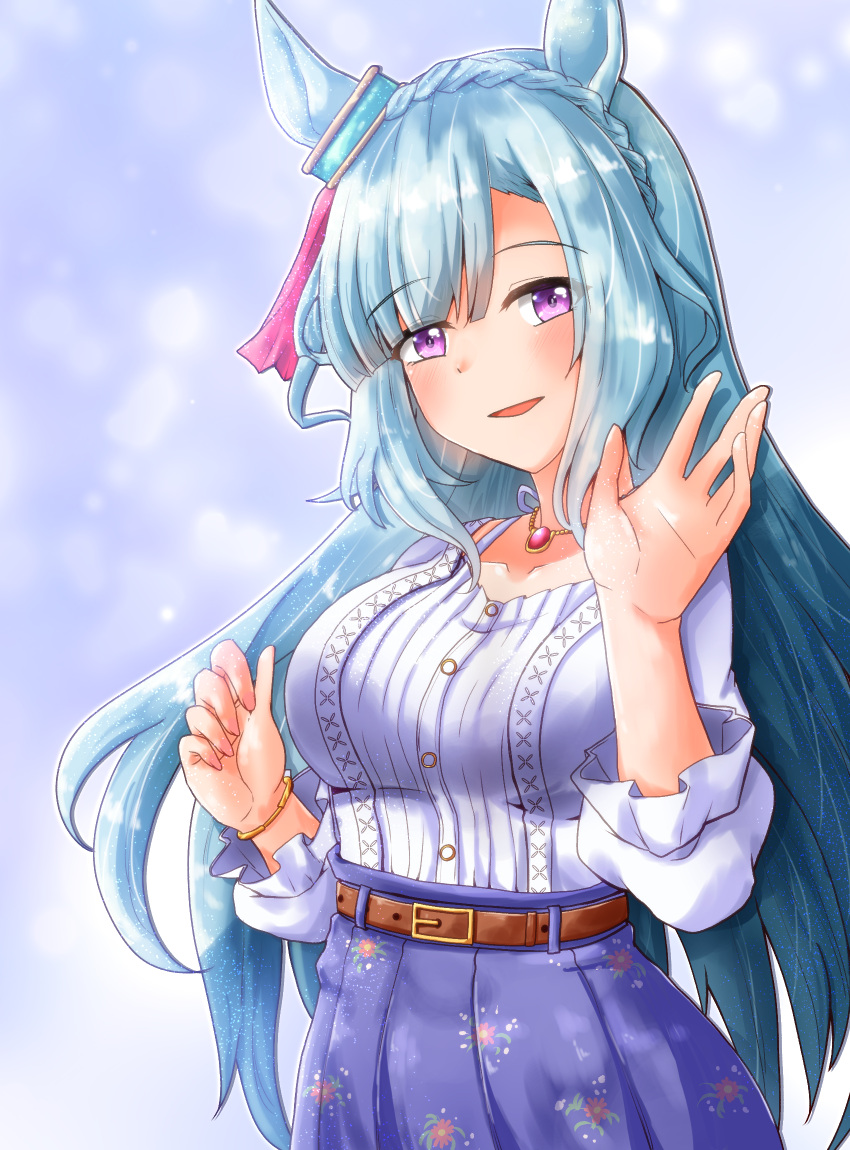 1girl alternate_costume animal_ears belt blue_hair blush casual collarbone commentary_request highres horse_ears jewelry looking_at_viewer mejiro_ardan_(umamusume) necklace open_mouth oshiaki simple_background solo umamusume violet_eyes waving
