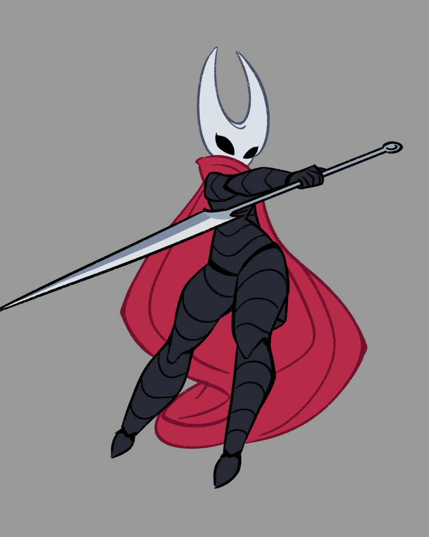1girl absurdres black_bodysuit bodysuit cape grey_background highres holding holding_sword holding_weapon hollow_knight hornet_(hollow_knight) horns loen looking_at_viewer red_cape simple_background solo sword weapon