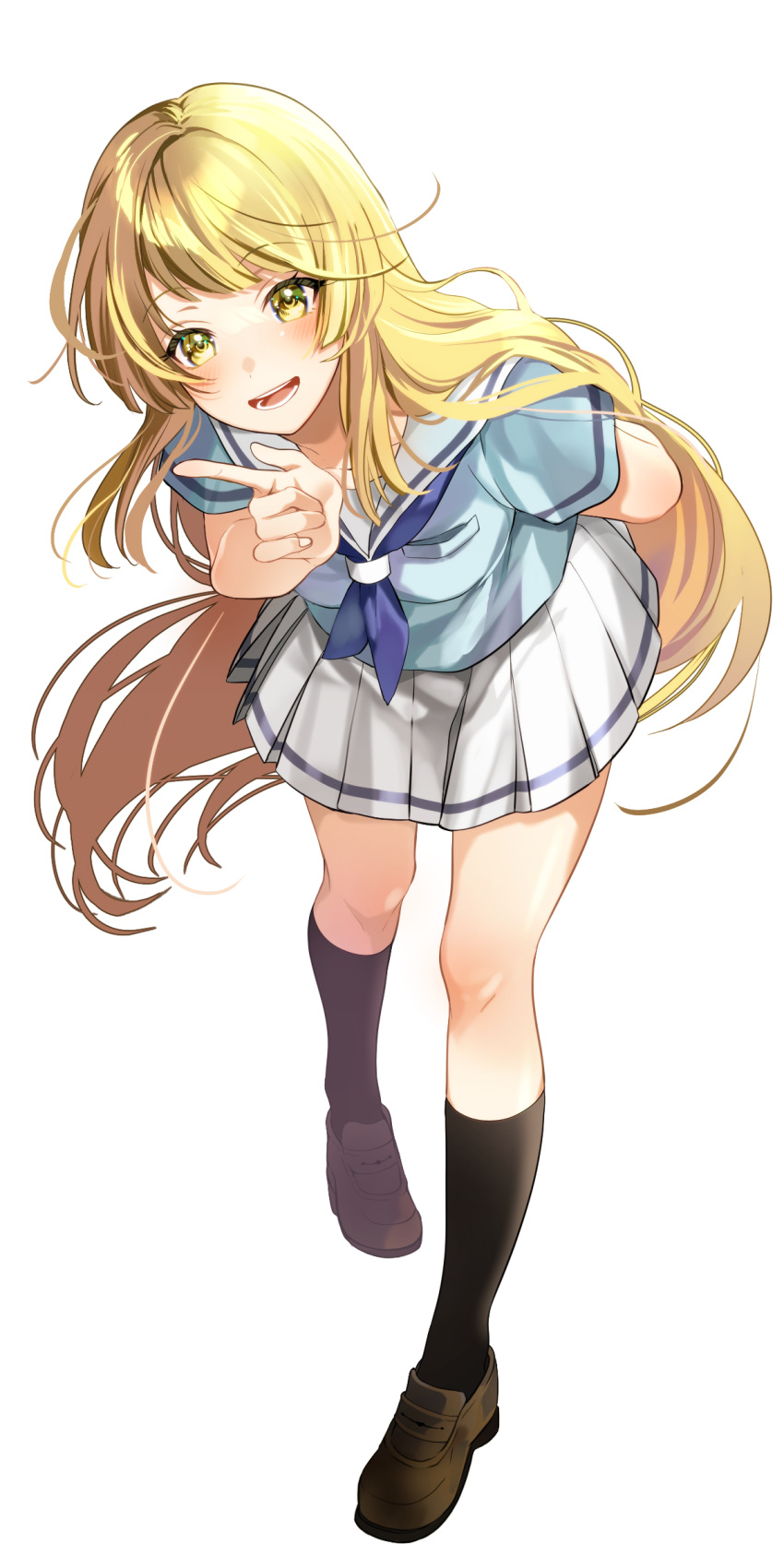 1girl :d absurdres arm_behind_back bang_dream! bangs black_legwear blonde_hair blue_neckerchief blunt_bangs blush breast_pocket brown_footwear eyebrows_visible_through_hair full_body hanasakigawa_school_uniform hand_up highres index_finger_raised kneehighs leaning_forward legs_apart loafers long_hair looking_at_viewer miniskirt neckerchief open_mouth pleated_skirt pocket roko_(pe0e07) sailor_collar school_uniform serafuku shoes sidelocks simple_background single_stripe skirt smile solo standing striped striped_skirt summer_uniform teeth tsurumaki_kokoro very_long_hair wavy_hair white_background white_sailor_collar white_skirt yellow_eyes