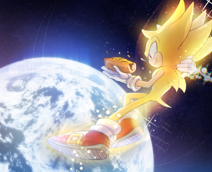 1boy cheese cheese_trail chili_dog earth_(planet) eating flying food furry furry_male gloves hand_on_back highres hot_dog looking_to_the_side male_focus nisibo25 planet pointy_ears red_eyes shoes sky smile solo sonic_(series) sonic_the_hedgehog space sparkle spiky_hair star_(sky) starry_sky super_sonic yellow_fur