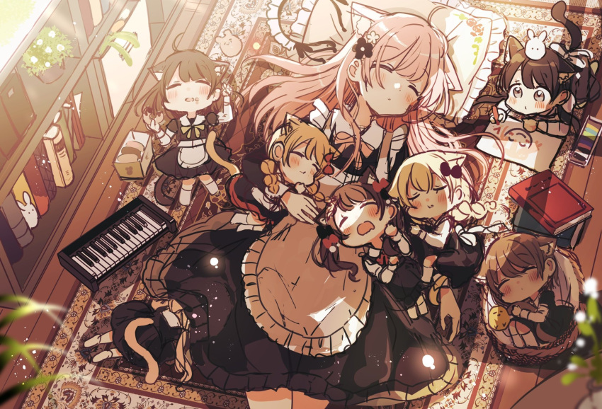 6+girls ahoge animal animal_ear_fluff animal_ears apron bird black_bow black_dress black_flower blonde_hair blush book bow braid brown_hair cat_ears cat_girl cat_tail chibi chick closed_eyes closed_mouth commentary_request crayon dress drooling facing_viewer flower frilled_apron frilled_pillow frills hair_bow hair_flower hair_ornament highres in_basket indoors long_sleeves lying minigirl mouth_drool multiple_girls on_back open_mouth original parted_lips pillow pink_hair red_bow sakura_oriko tail twintails unfinished white_apron white_flower wooden_floor