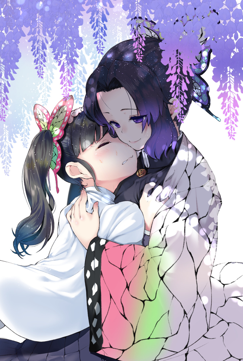 bangs black_hair black_skirt blunt_bangs blush breasts butterfly_hair_ornament cape closed_eyes closed_mouth clothes_grab colored_tips comforting commentary_request crying demon_slayer_uniform flower forehead hair_ornament haori highres japanese_clothes kimetsu_no_yaiba kochou_shinobu large_breasts long_sleeves multicolored_hair one_side_up parted_bangs pleated_skirt purple_hair sidelocks skirt smile tears tian_sheng tsuyuri_kanao violet_eyes white_cape wide_sleeves wisteria