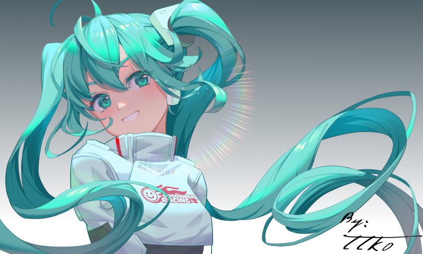 1girl absurdres ahoge aqua_eyes aqua_hair arms_at_sides breasts crop_top crop_top_overhang cropped_jacket eyebrows_visible_through_hair flame_print floating_hair goodsmile_racing gradient gradient_background grin hair_between_eyes hatsune_miku head_tilt highres lens_flare light_blush long_hair long_sleeves racing_miku racing_miku_(2022) signature smile smiley_face solo twintails upper_body very_long_hair vocaloid w-t