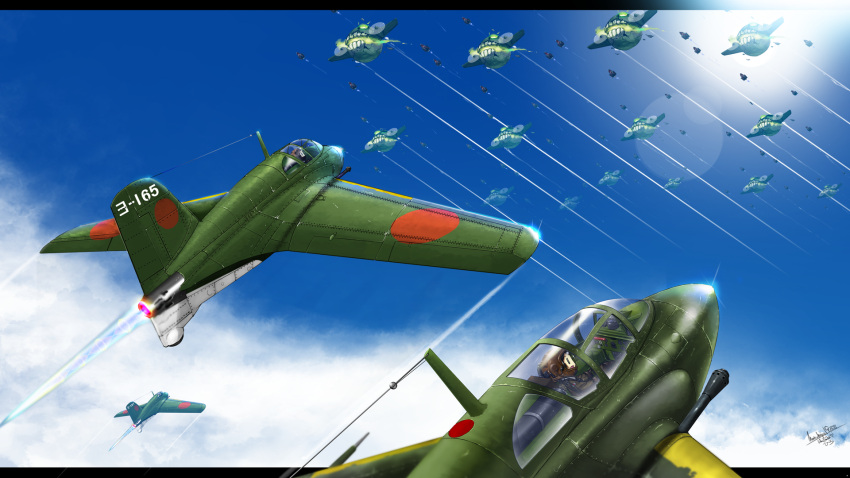 2girls abyssal_ship aircraft airplane blue_sky clouds day enemy_aircraft_(kancolle) fairy_(kancolle) harumiya_hiro highres j8m_shuusui kantai_collection multiple_girls outdoors pilot_helmet propeller roundel sky solid_oval_eyes vehicle_focus