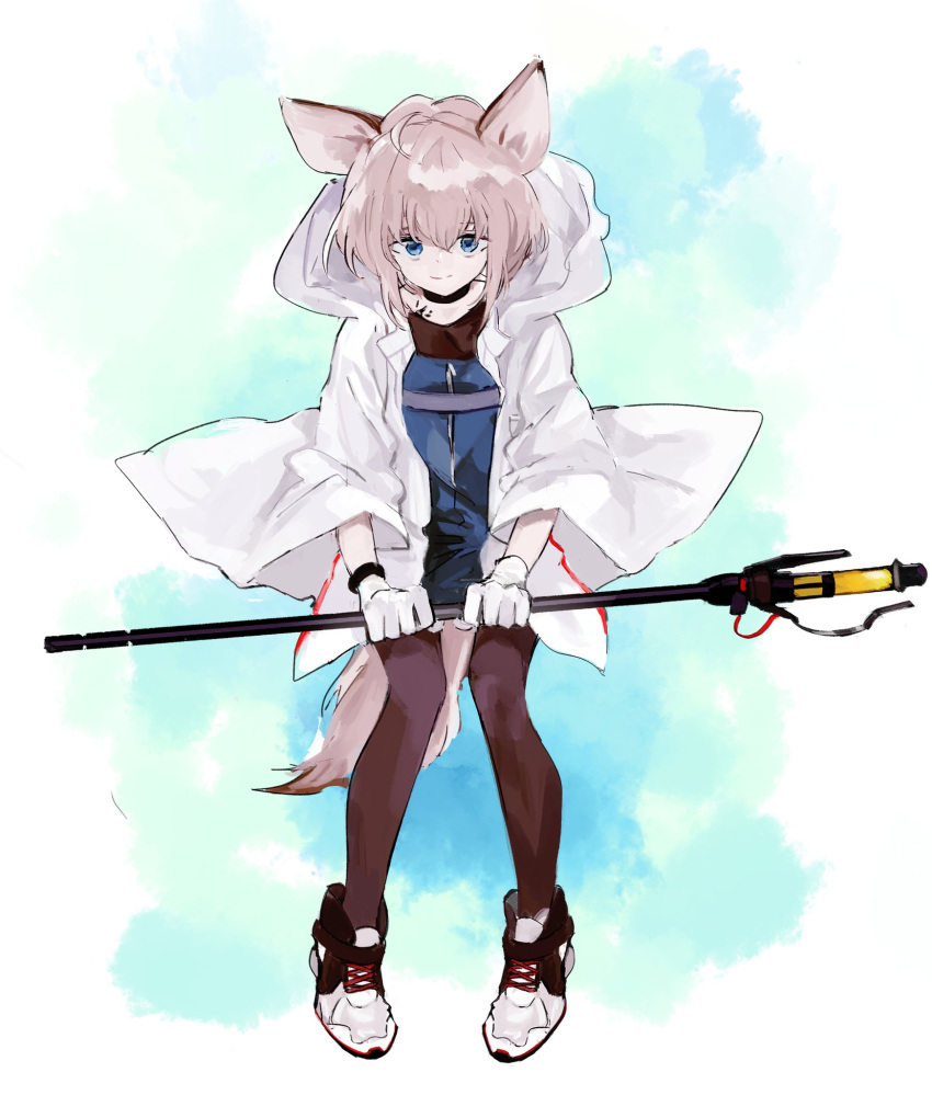 1girl animal_ears arknights bangs blue_eyes brown_legwear closed_mouth full_body gloves grey_hair high_tops highres holding holding_staff hood hooded_jacket jacket long_sleeves looking_at_viewer marumarukin open_clothes open_jacket pantyhose shoes short_hair smile sneakers solo staff sussurro_(arknights) white_gloves white_jacket