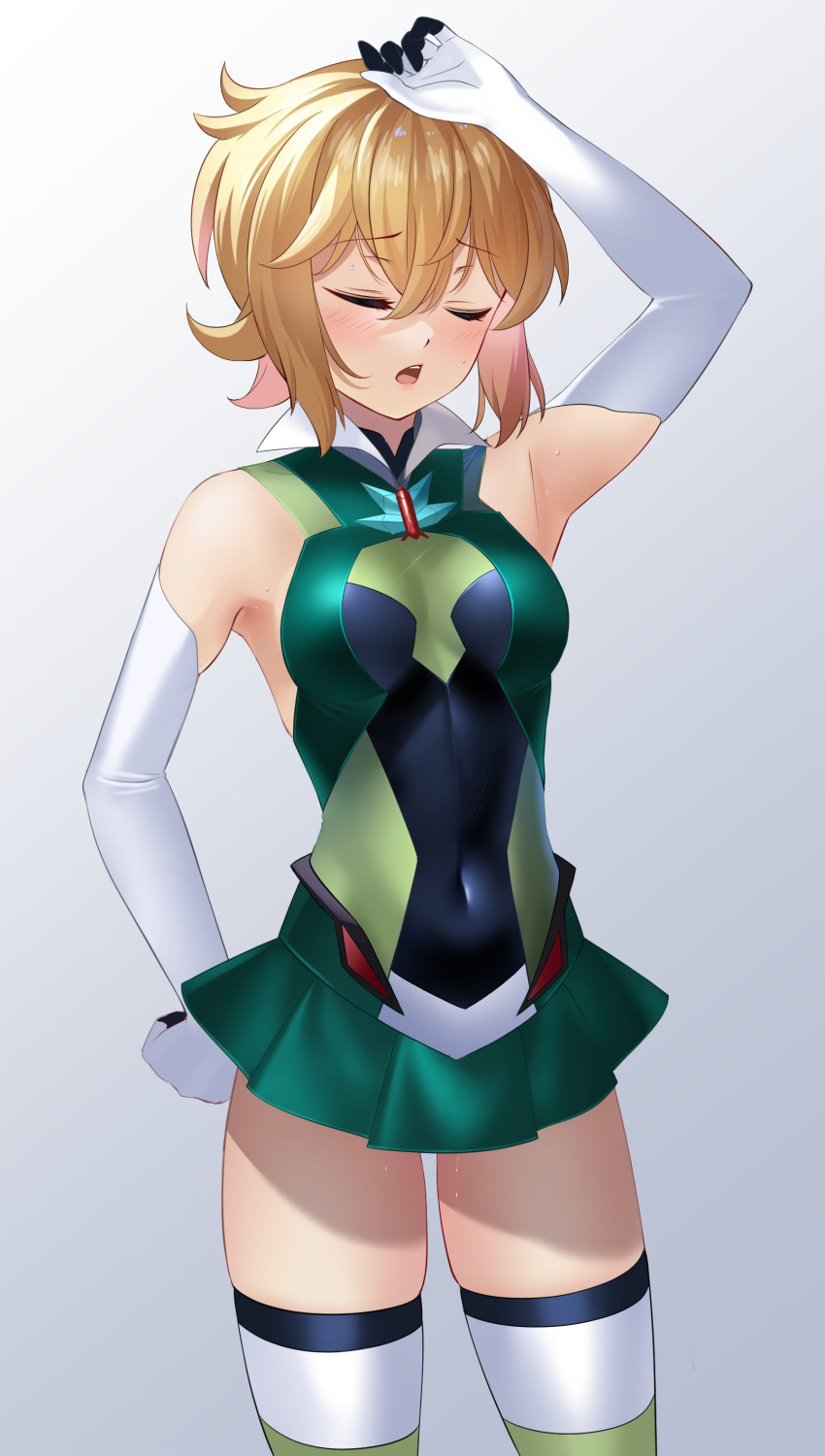 1girl absurdres akatsuki_kirika arm_up blonde_hair blush breasts closed_eyes cover elbow_gloves facing_viewer gloves green_leotard green_skirt highleg highleg_leotard highres leotard medium_breasts nyanmaru open_mouth senki_zesshou_symphogear shiny shiny_hair shiny_skin short_hair skin_tight skirt solo standing striped striped_legwear thigh-highs