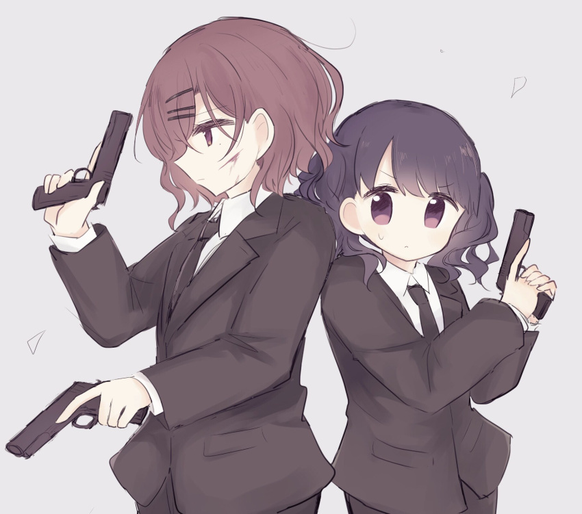 2girls bangs black_hair black_necktie black_suit blood blood_on_face brown_hair commentary_request dual_wielding formal fukumaru_koito grey_background gun hair_ornament hairclip highres higuchi_madoka holding idolmaster idolmaster_shiny_colors migirinano mole mole_under_eye multiple_girls necktie noctchill_(idolmaster) short_hair suit sweatdrop swept_bangs twintails violet_eyes weapon