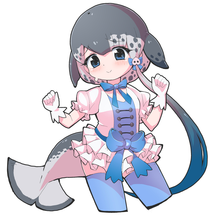 1girl adapted_costume blue_bow blue_bowtie blue_eyes blue_legwear blue_shirt blush bow bowtie cetacean_tail cosplay cowboy_shot eyebrows_visible_through_hair frilled_skirt frilled_sleeves frills gloves grey_hair hair_bow highres kemono_friends looking_at_viewer multicolored_hair narwhal_(kemono_friends) pig_(kemono_friends) pig_(kemono_friends)_(cosplay) pig_nose puffy_short_sleeves puffy_sleeves remora_(samewakame) shirt short_hair_with_long_locks short_sleeves skirt solo sweatdrop thigh-highs two-tone_shirt whale_girl white_gloves white_hair white_skirt zettai_ryouiki